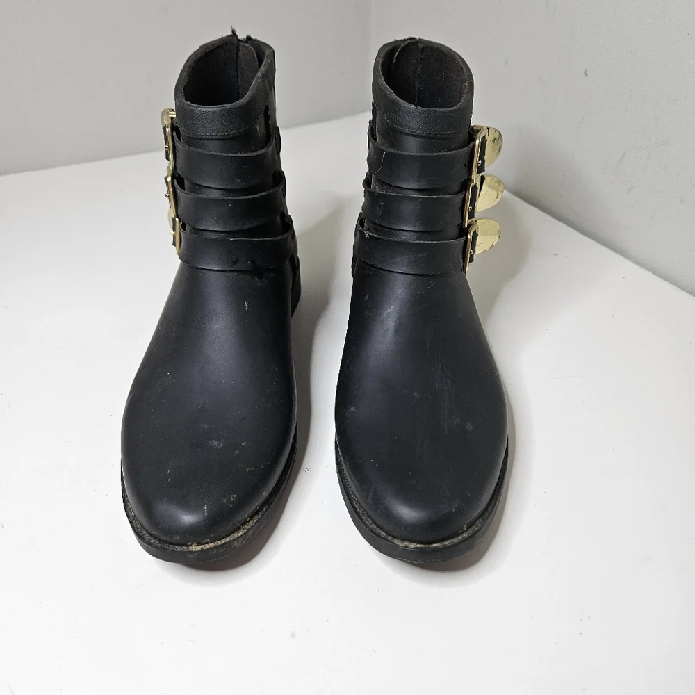 Randall Loeffler Rubber Rain Boots Black Gold Buckles Ankle Booties 8